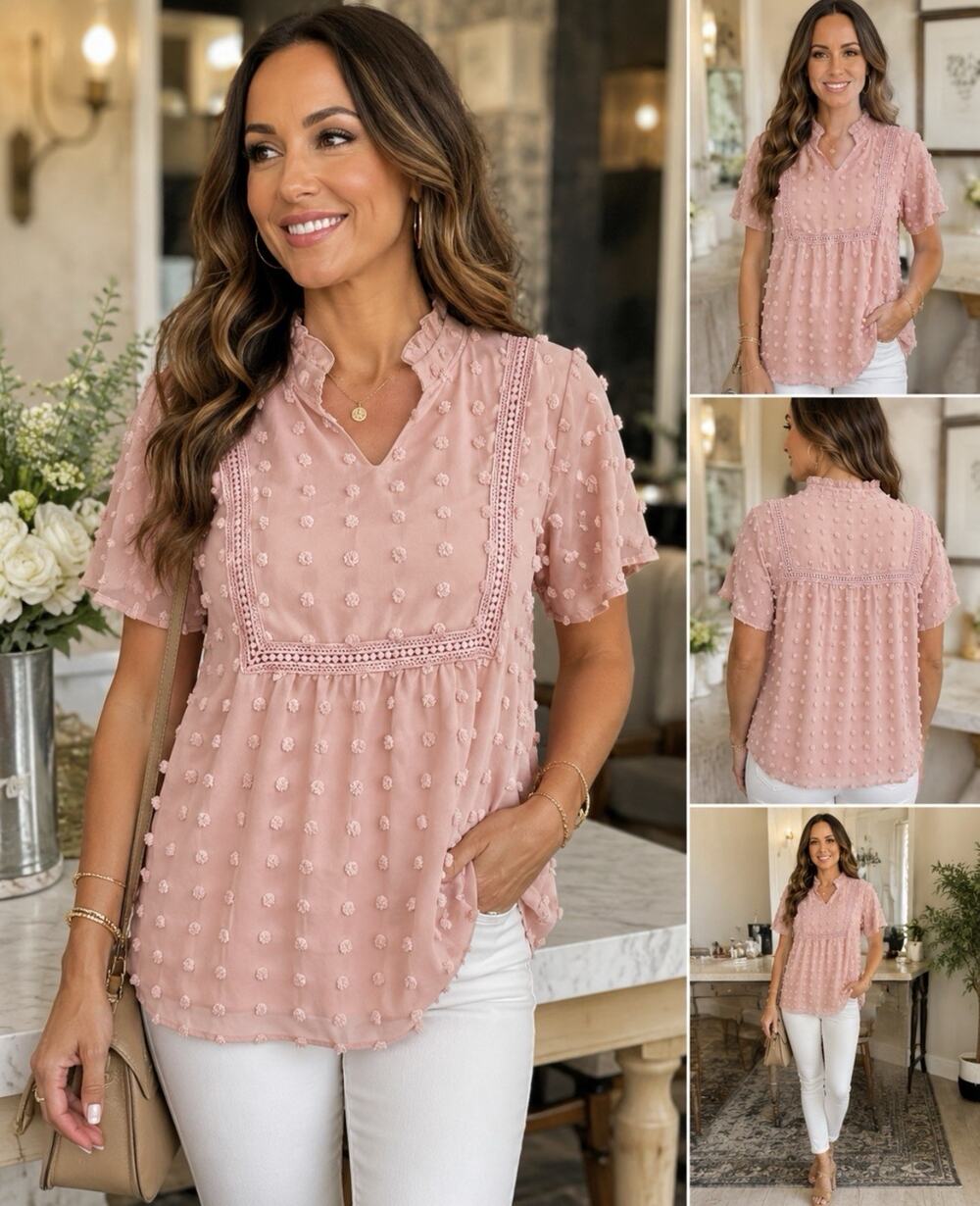 NWT C+D+M Collection Blush Pink Swiss Dot Blouse Women’s L Ruffle Mock Neck Boho